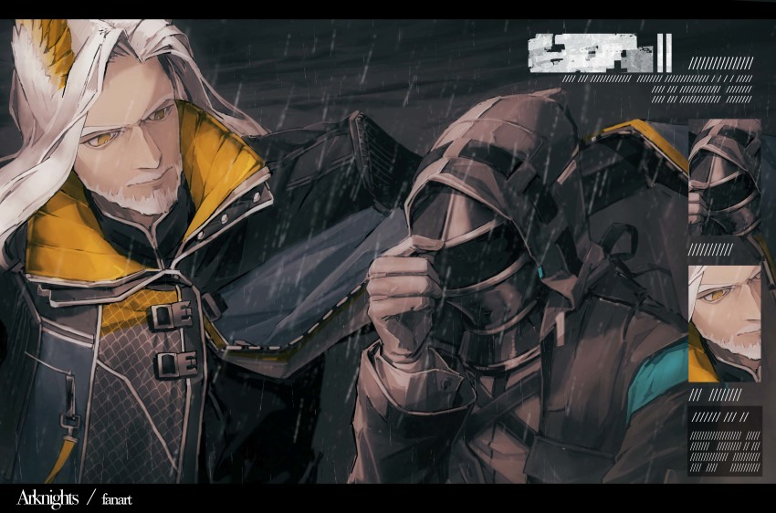 1boy, 1other, absurdres, arknights, beard, black_shirt, blouse, bright_pupils