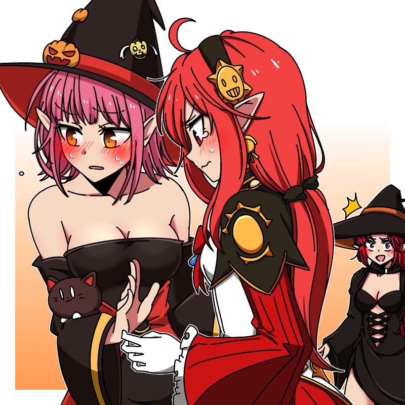 3girls, bare_shoulders, blush, costume, dungeon_and_fighter, elementalist_(dungeon_and_fighter), female_mage_(dungeon_and_fighter), gloves