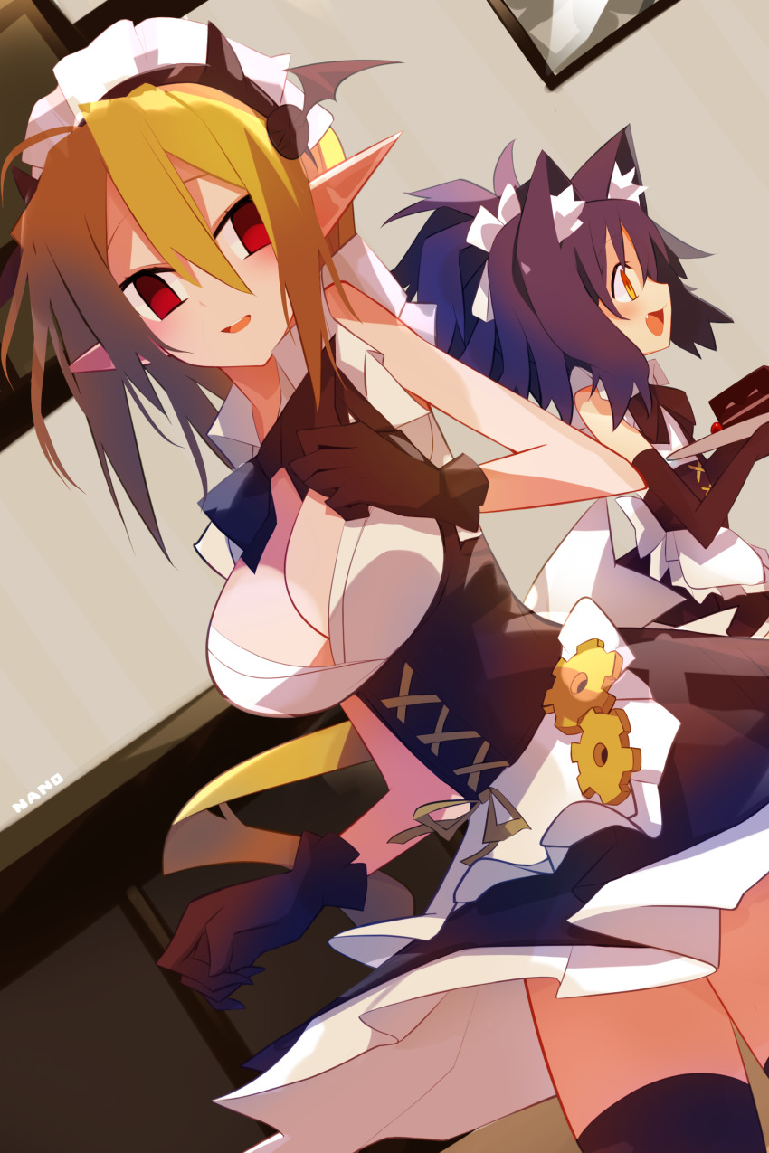 1girl, 2girls, absurdres, alternate_costume, animal_ear_fluff, animal_ears, apron, black_gloves
