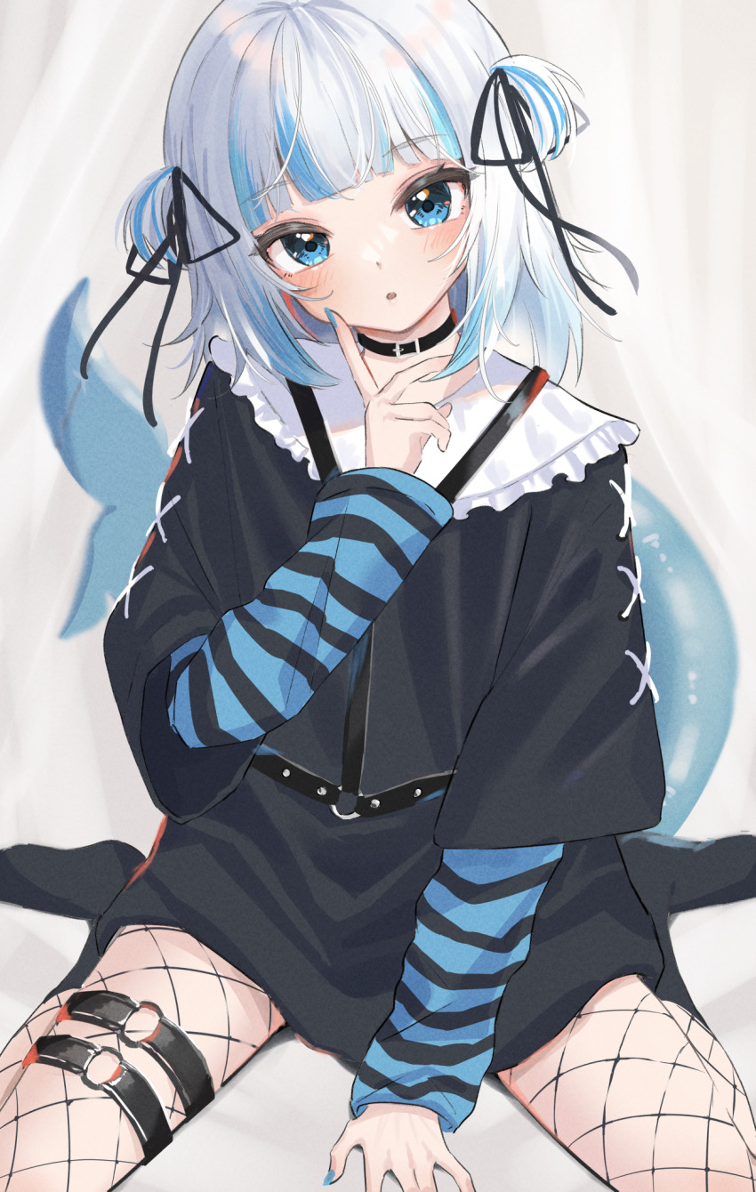 1girl, 3xens, alternate_costume, black_choker, black_ribbon, black_socks, blue_eyes, blue_hair