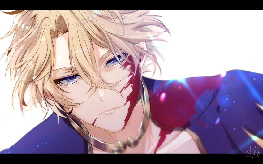 1boy, blonde_hair, blood, blood_on_clothes, blood_on_face, blue_eyes, highres, letterboxed