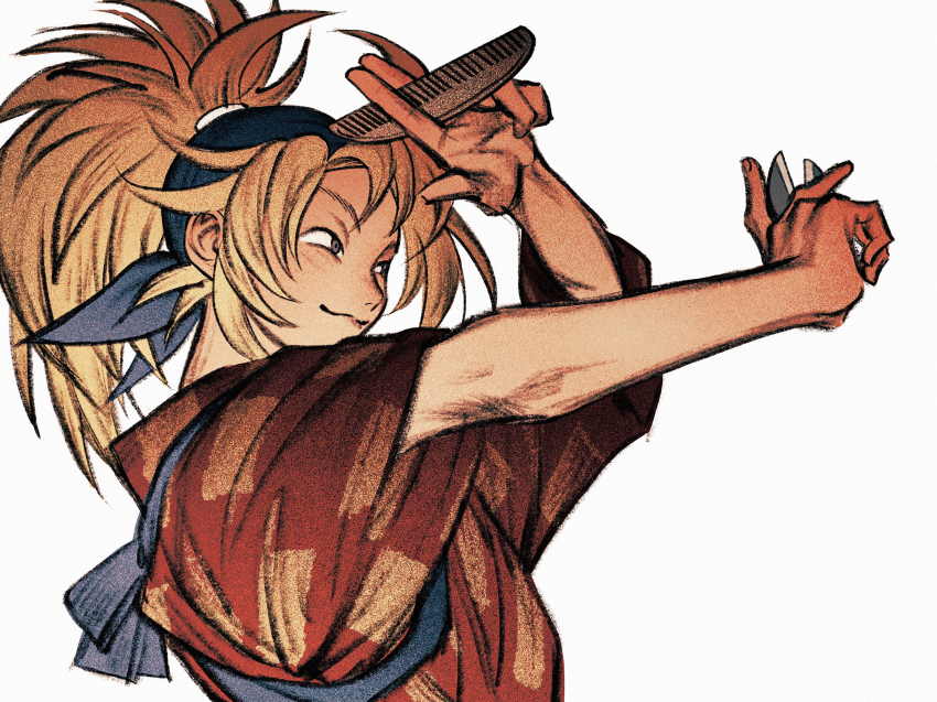 1boy, :3, between_fingers, blonde_hair, closed_mouth, comb, detached_sleeves, hand_up