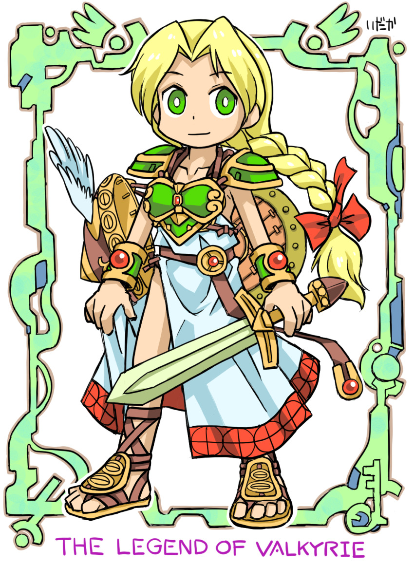 1girl, armor, artist_name, blonde_hair, braid, breastplate, closed_mouth, collarbone, dress, female_focus, framed, full_body, green_eyes, hair_ribbon, unworn_headwear, helmet, unworn_helmet, highres, holding, holding_sword, holding_weapon, idaka, long_hair, pauldrons, ponytail, red_ribbon, ribbon, sandals, shield, shoulder_armor, shoulder_pads, sleeveless, sleeveless_dress, smile, solo, sword, valkyrie_(vnd), valkyrie_no_densetsu, weapon, winged_helmet, wristband