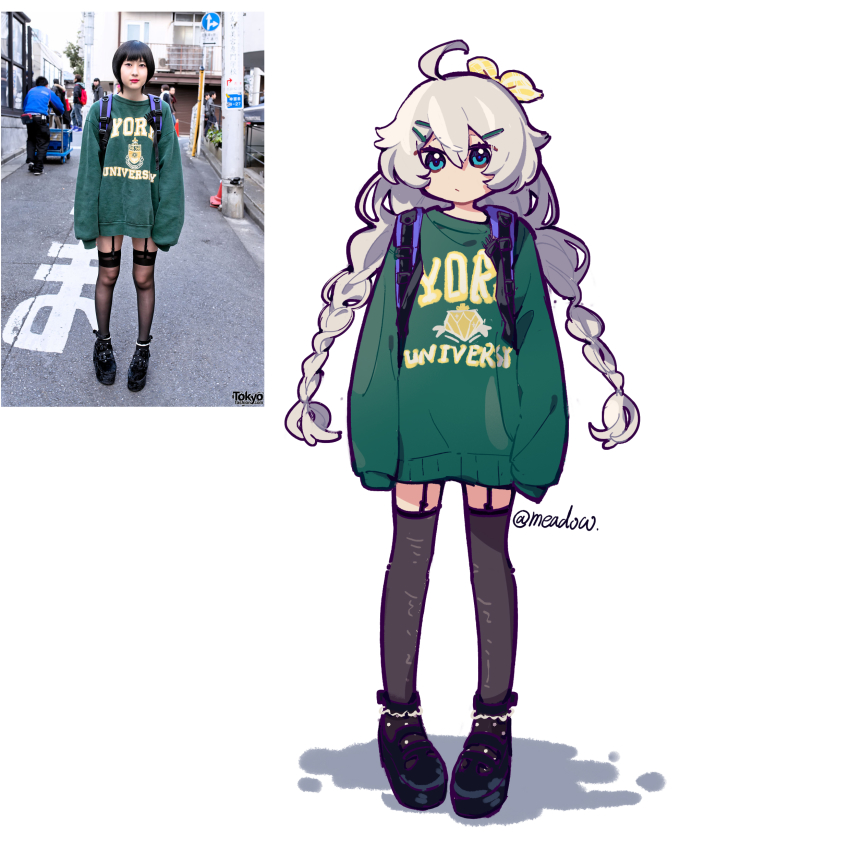 1girl, absurdres, artist_name, black_footwear, blue_eyes, braid, brown_thighhighs, closed_mouth