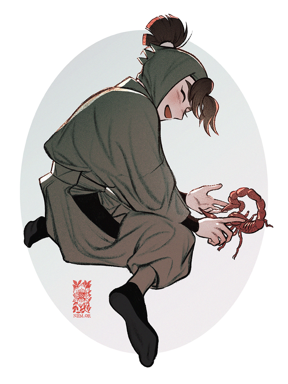 1boy, ^_^, animal, arm_guards, black_footwear, brown_hair, closed_eyes, full_body