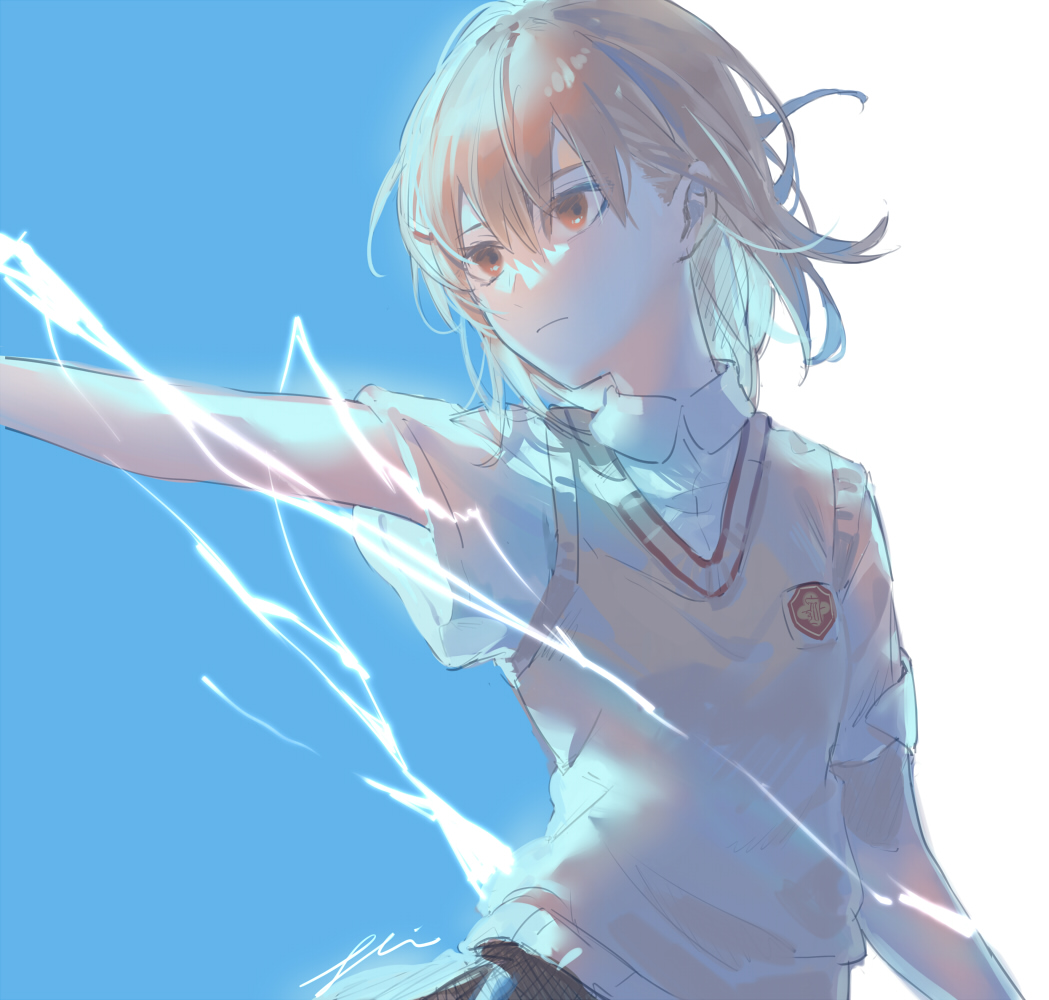 1girl, az_(zero_glvimayhop), biribiri, blouse, brown_eyes, brown_hair, brown_sweater_vest, electricity