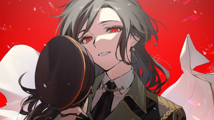 1girl, black_hat, black_jacket, black_necktie, blouse, capelet, collared_shirt, earrings