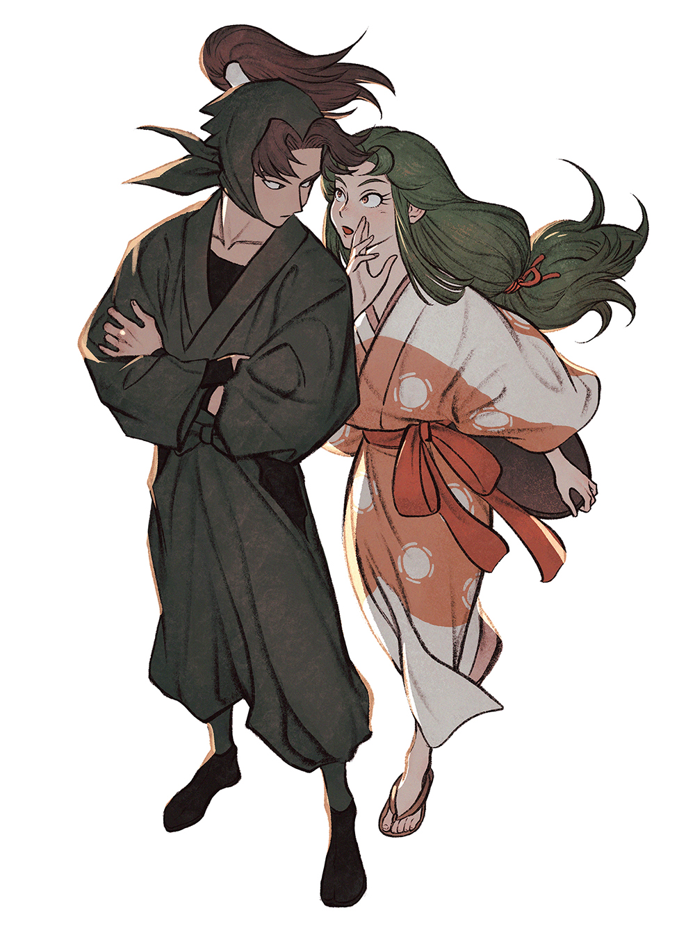 1boy, 1girl, arm_guards, black_footwear, brown_eyes, brown_hair, clothing_cutout, crossed_arms, eye_contact, eyelashes, floating_hair, full_body, green_hair, green_headscarf, green_headwear, green_pants, hair_tubes, hand_up, headscarf, high_ponytail, highres, hip_vent, holding, holding_tray, ine_(zx_o4), japanese_clothes, jika-tabi, kimono, kitaishi_teruyo, long_hair, long_sleeves, looking_at_another, looking_back, low-tied_long_hair, ninja, obi, open_mouth, pants, ponytail, rakudai_ninja_rantarou, sandals, sash, sidelocks, simple_background, tray, very_long_hair, walking, whispering, white_background, yamada_rikichi, yellow_eyes, zouri