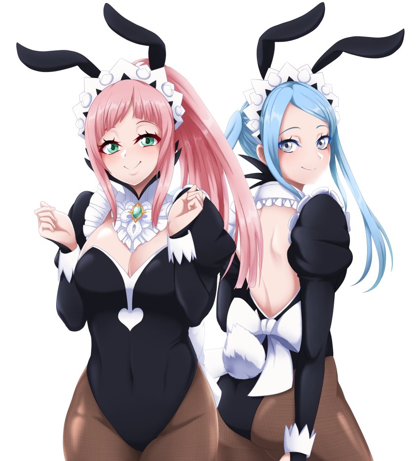 2girls, absurdres, animal_ears, ass, back, blue_hair, blush, breasts