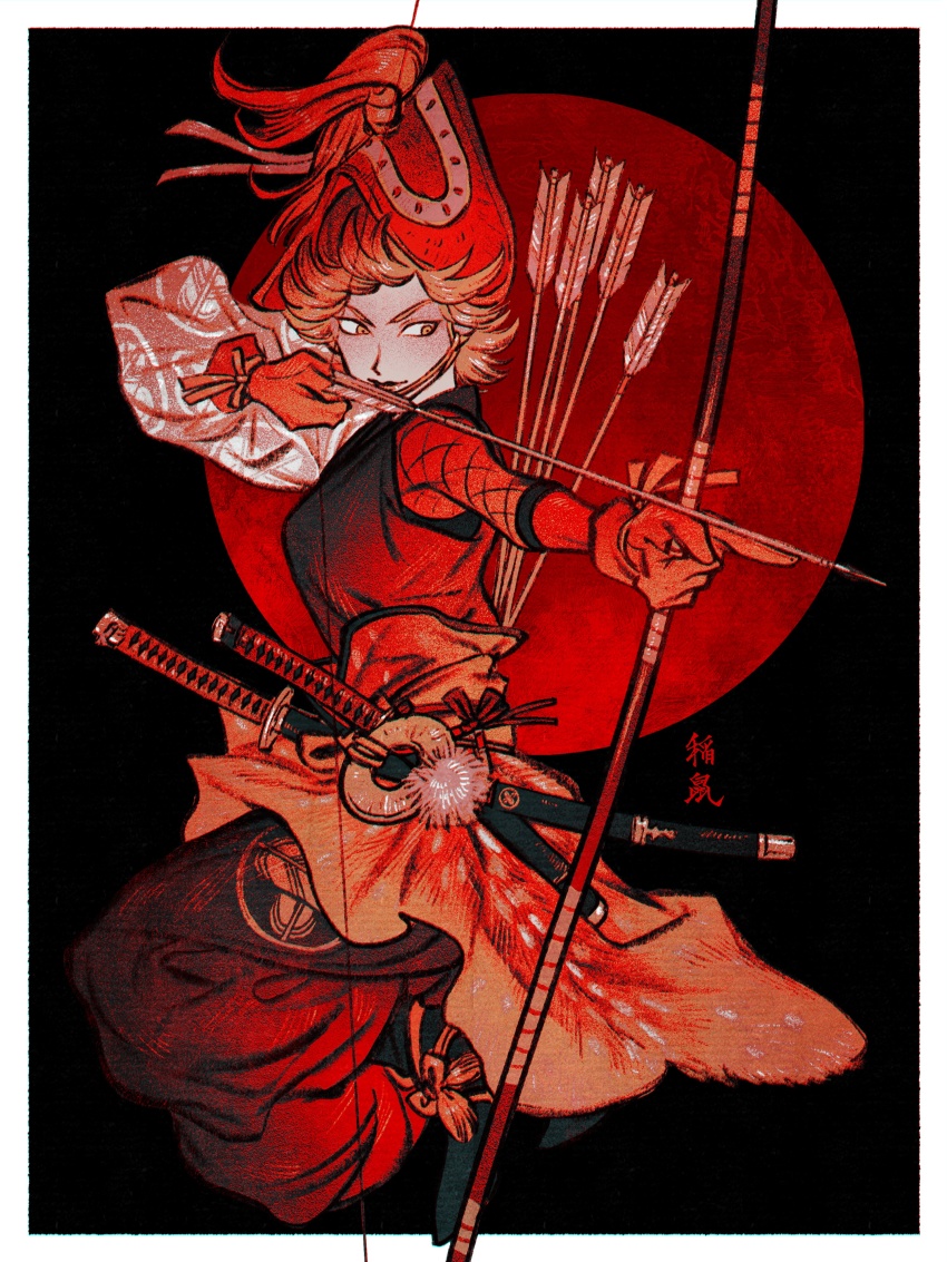 1girl, absurdres, aiming, archery, arrow_(projectile), black_background, black_footwear, border, bow_(weapon), breasts, brown_hair, chinstrap, commentary, drawing_bow, fishnets, full_body, gloves, hair_through_headwear, hat, highres, holding, holding_arrow, holding_bow_(weapon), holding_weapon, ine_(zx_o4), japanese_clothes, jika-tabi, jumping, long_sleeves, looking_away, moon, o-ring, outside_border, pants, rakudai_ninja_rantarou, red_gloves, red_hat, red_moon, red_theme, ribbon, sideways_glance, single_sleeve, solo, sword, undershirt, waist_cape, weapon, white_border, yamamoto_shina