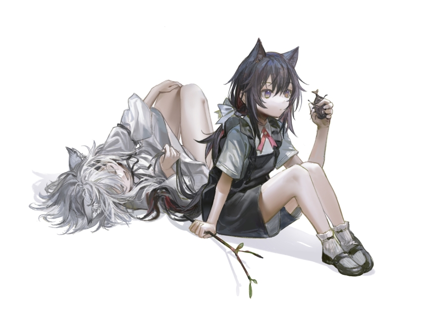 2girls, aged_down, animal_ears, arknights, beetle, black_footwear, black_hair, black_overalls