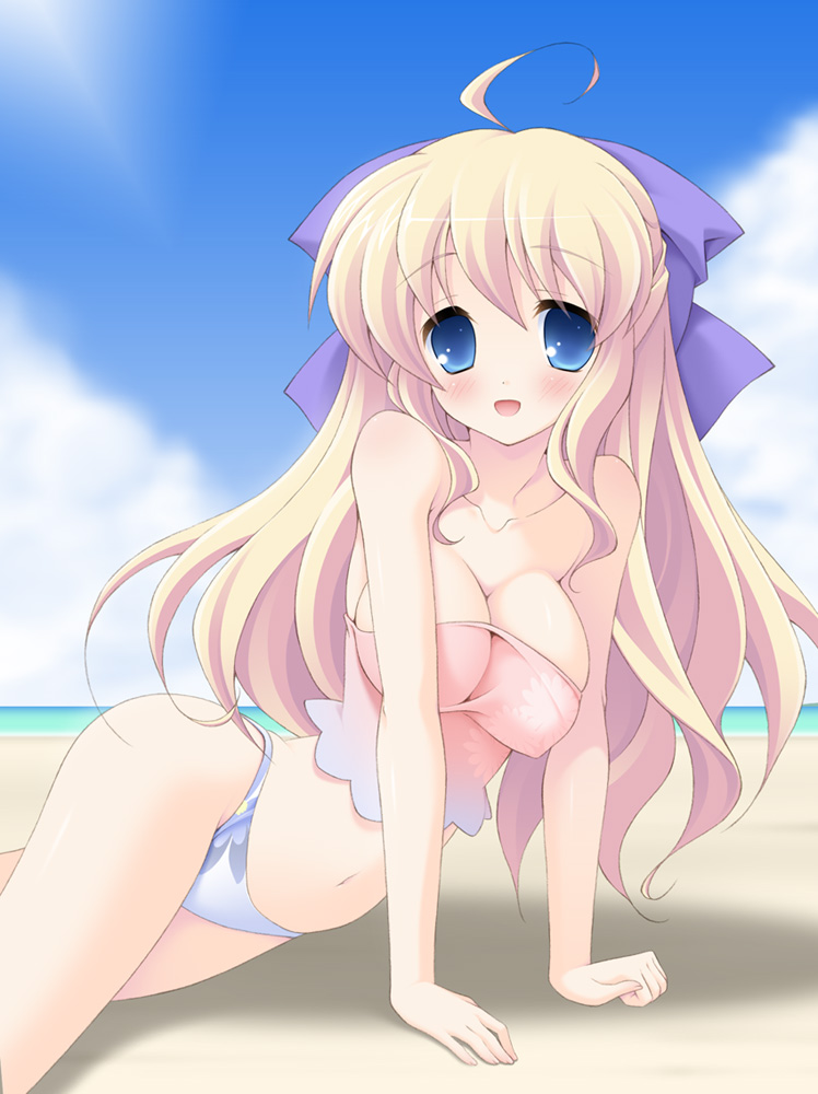1girl, arm_support, bad_id, bad_pixiv_id, beach, bikini, blonde_hair, blue_eyes, breasts, cleavage, day, female_focus, flyable_heart, hanging_breasts, hisane, impossible_clothes, impossible_shirt, long_hair, minase_sakurako, shirt, solo, swimsuit, tankini