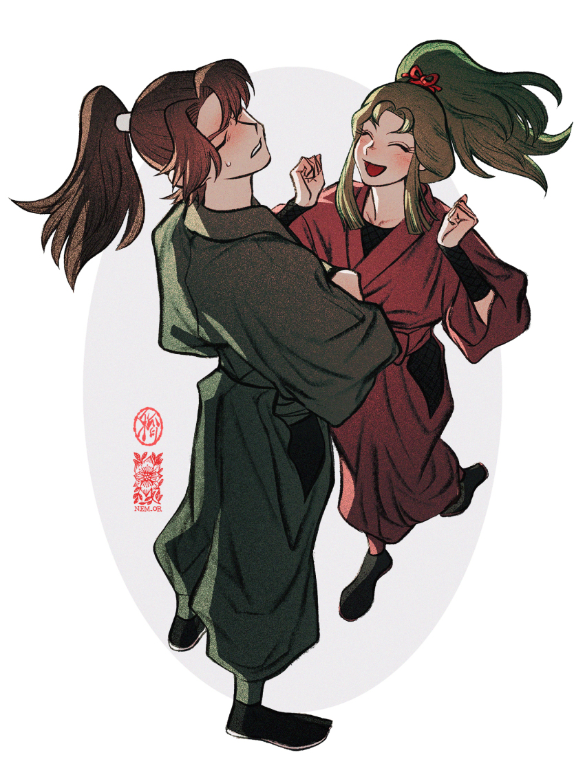 1boy, 1girl, ^_^, arm_guards, black_footwear, blush, brown_hair, closed_eyes, clothing_cutout, crossed_arms, facing_up, floating_hair, full_body, green_hair, green_pants, hair_tubes, hands_up, happy, high_ponytail, highres, hip_vent, ine_(zx_o4), japanese_clothes, jika-tabi, kitaishi_teruyo, long_hair, long_sleeves, ninja, open_mouth, pants, ponytail, purple_pants, rakudai_ninja_rantarou, sidelocks, standing, sweatdrop, walking, white_background, zenpouji_isaku