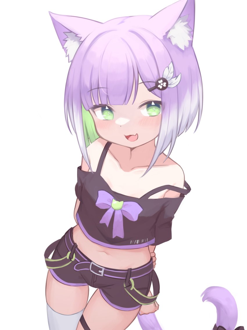 1girl, :d, absurdres, animal_ear_fluff, animal_ears, arms_behind_back, bare_shoulders, black_shirt