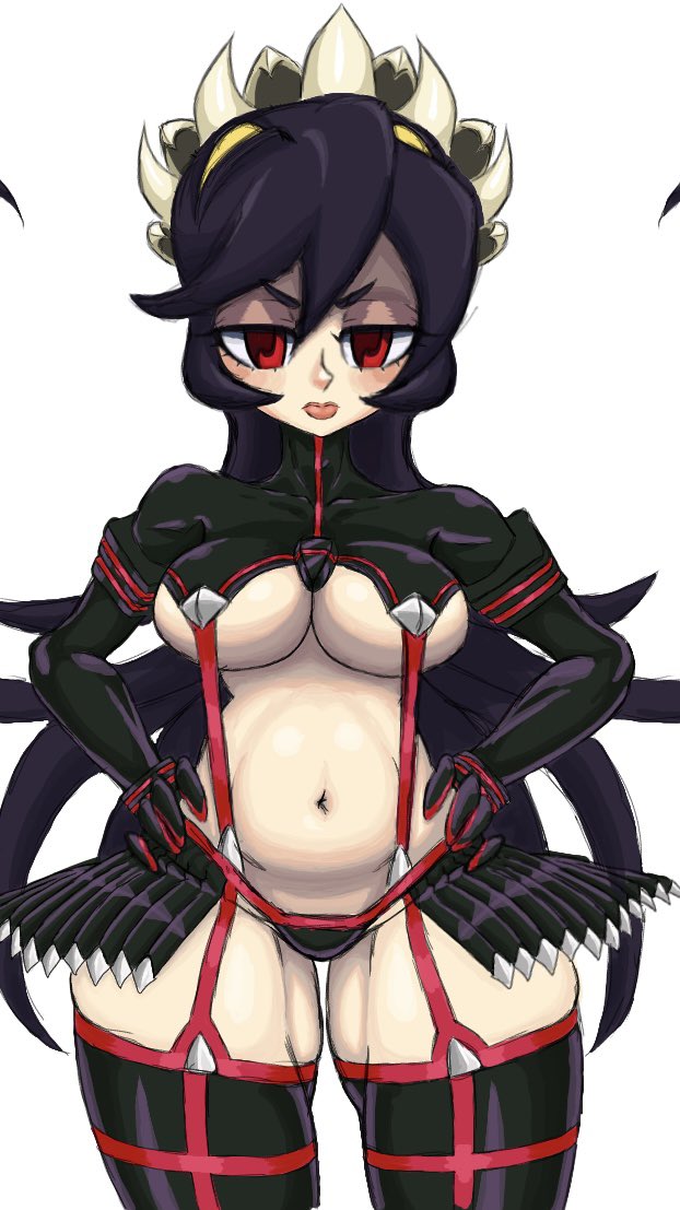 1girl, 4m4y0r1, black_hair, blush, breasts, cosplay, cowboy_shot, filia_(skullgirls)