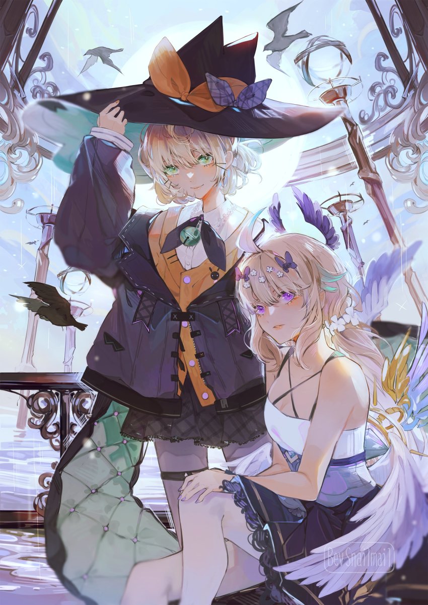 2girls, 3others, absurdly_long_hair, absurdres, ahoge, alternate_hairstyle, bevsnailmail, bird, black_bird, black_coat, black_legwear, black_skirt, blonde_hair, blouse, blue_dress, blush, bow, breasts, cardigan, cleavage, coat, couch, dress, dress_shirt, enna_alouette, flower, green_eyes, hair_flower, hair_ornament, head_wings, highres, large_hat, lips, long_hair, long_sleeves, looking_at_viewer, low_twintails, mechanical_wings, medium_hair, millie_parfait, multicolored_clothes, multiple_girls, multiple_others, nijisanji, nijisanji_en, off_shoulder, orange_cardigan, pantyhose, ponytail, purple_bow, purple_eyes, purple_wings, shirt, sitting, skirt, small_breasts, thigh_strap, twintails, very_long_hair, virtual_youtuber, white_dress, white_legwear, white_shirt, wings, witch