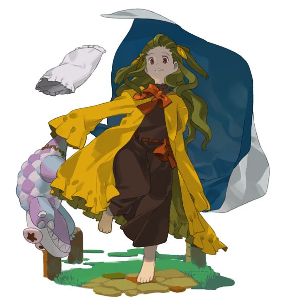 1girl, barefoot, brown_hair, dna_(hoshi_wo_miru_hito), dress, frilled_sleeves, frills, hair_ribbon