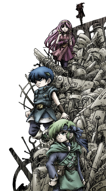 2boys, 2girls, aine_(hoshi_wo_miru_hito), bare_shoulders, blue_hair, cape, dress, fuyuzato_seia