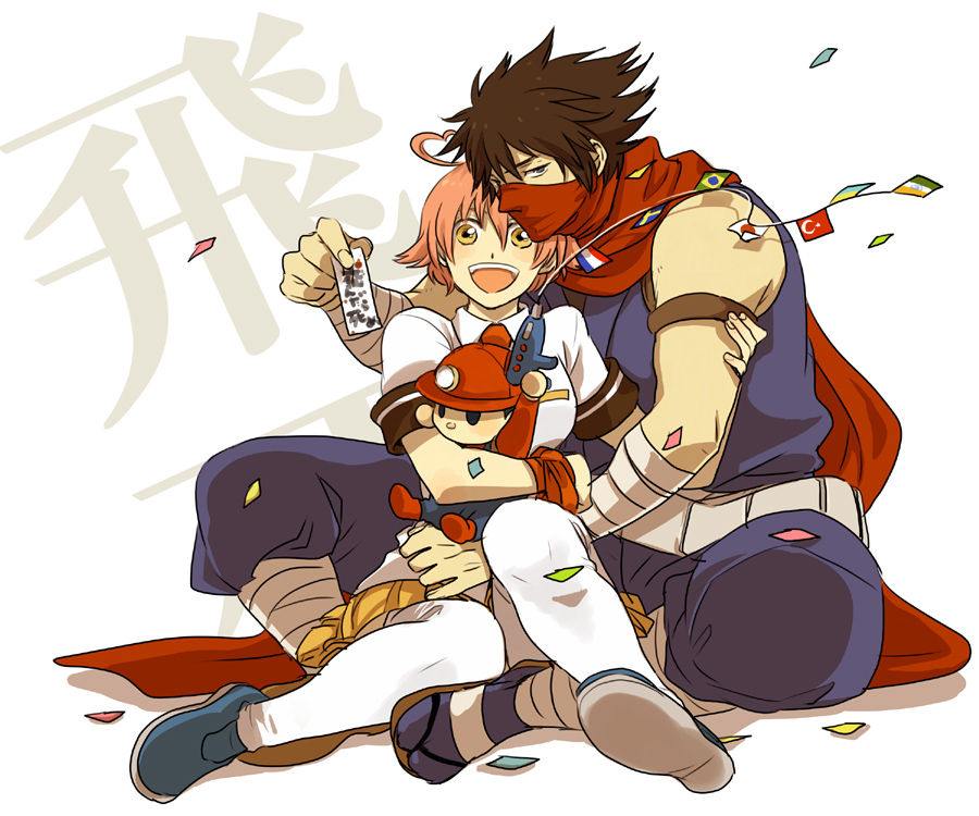 1boy, 1girl, ahoge, aino_heart, aq_interactive, arcana_heart, arm_grab, atlus, capcom, crescent, crossover, emu_(losspass), examu, flag, flags_of_all_nations, gun, happy, heart, heart_ahoge, helmet, japanese_flag, m.u.g.e.n, manly, ninja, scarf, size_difference, smile, spelunker, star_and_crescent, strider_(game), strider_hiryuu, string_of_flags, thighhighs, weapon