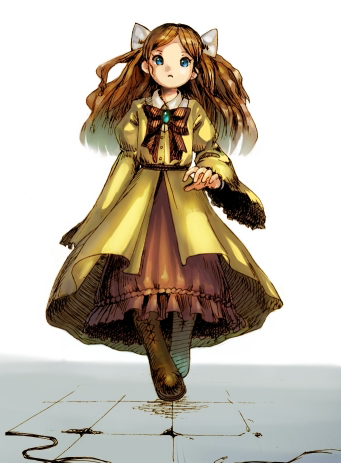 1girl, boots, brown_hair, dna_(hoshi_wo_miru_hito), dress, frilled_sleeves, frills, hair_ribbon