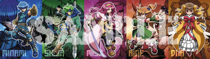 2boys, 3girls, aine_(hoshi_wo_miru_hito), bare_shoulders, blue_hair, boots, brown_hair, dna_(hoshi_wo_miru_hito)