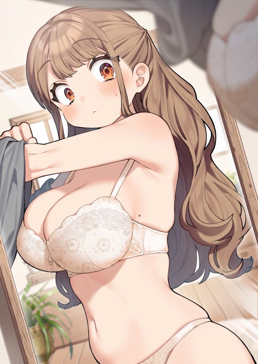 1girl, :<, blurry, blurry_foreground, blush, bra, breasts, brown_hair