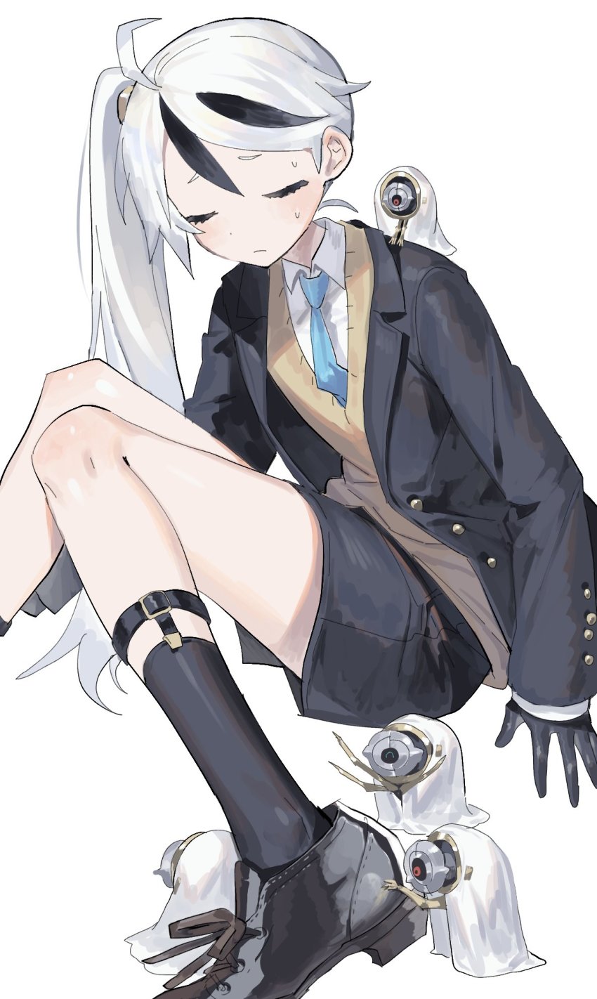 1boy, aqua_necktie, black_footwear, black_gloves, black_hair, black_jacket, black_legwear, black_shorts