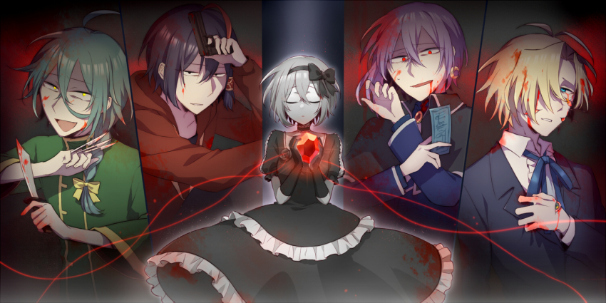 1girl, 4boys, :d, ahoge, antenna_hair, aqua_hair, ashe_bradley, between_fingers