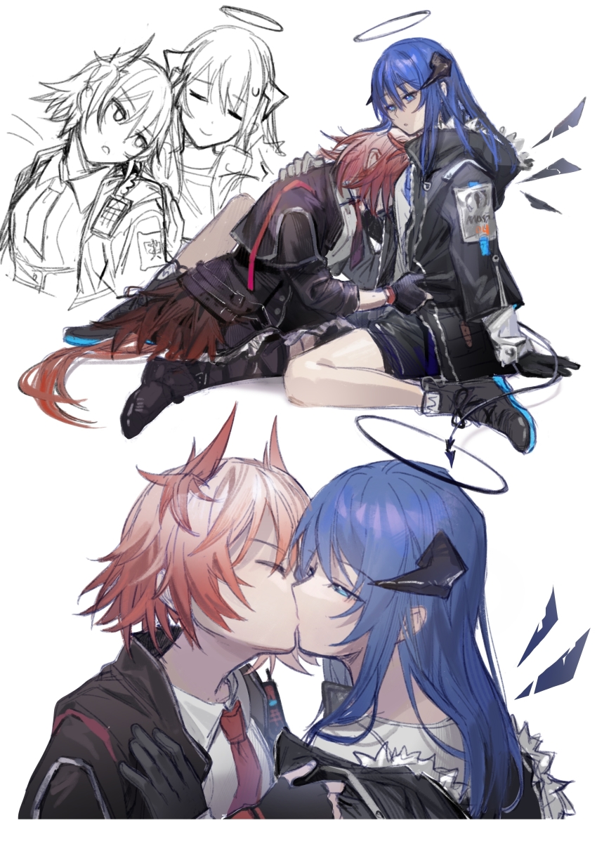 2girls, absurdres, animal_ears, arknights, asymmetrical_gloves, bird_ears, bird_girl, bird_tail