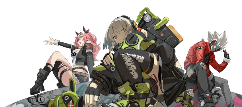 1boy, 2girls, anby_demara, asymmetrical_legwear, bangboo_(zenless_zone_zero), billy_kid, black_skirt, crossed_legs