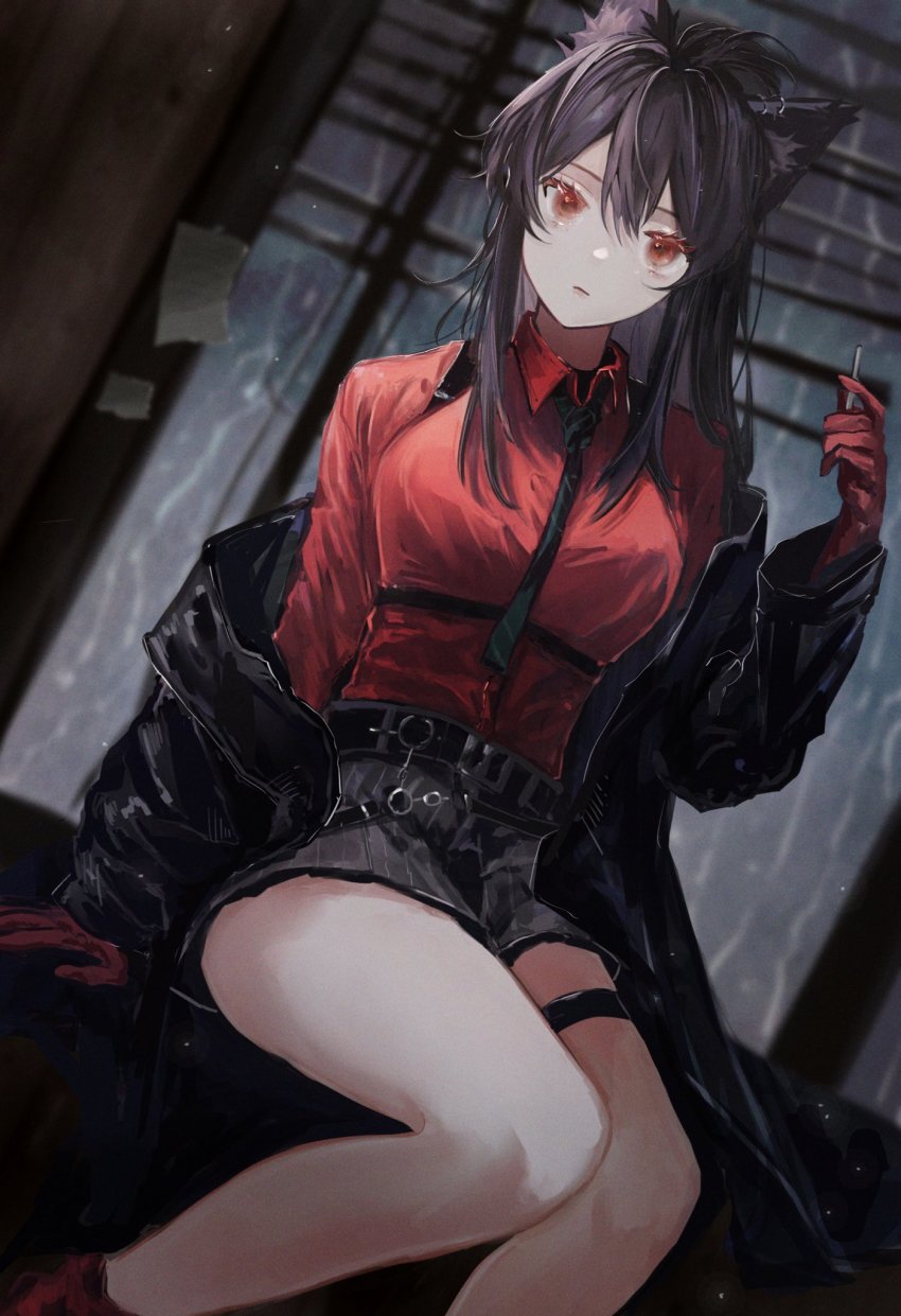1girl, animal_ear_fluff, animal_ears, arknights, black_hair, black_jacket, blouse, breasts, cigarette, collared_shirt, gloves, hair_between_eyes, highres, holding, jacket, long_hair, looking_at_viewer, necktie, official_alternate_costume, pomopomoinu, ponytail, red_eyes, red_gloves, red_shirt, shirt, shorts, smoking, solo, texas_(arknights), texas_(willpower)_(arknights), thighs, wolf_ears
