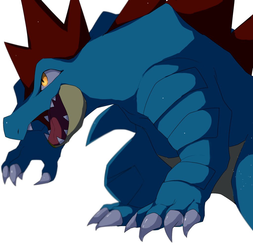 blurry, claws, commentary, feraligatr, from_side, gen_2_pokemon, kou11021301, nintendo, no_humans, open_mouth, pokemon, pokemon_(creature), sharp_teeth, simple_background, solo, untranslatable_commentary, teeth, tongue, white_background, yellow_eyes