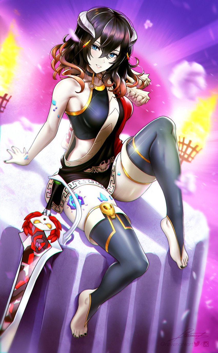 1girl, alternate_costume, black_hair, bloodstained:_ritual_of_the_night, bloodstained_(series), blue_eyes, brown_hair, cosplay, gradient_hair, highres, looking_at_viewer, miriam_(bloodstained), multicolored_hair, revenantart, solo, sword, weapon, zagreus_(hades), zagreus_(hades)_(cosplay)