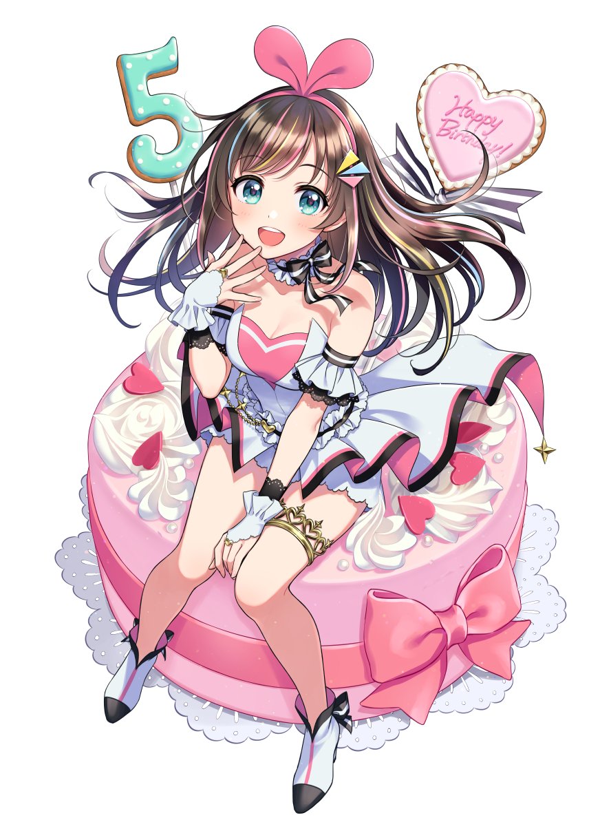 1girl, anniversary, aqua_eyes, bare_legs, bare_shoulders, between_legs, birthday, birthday_cake