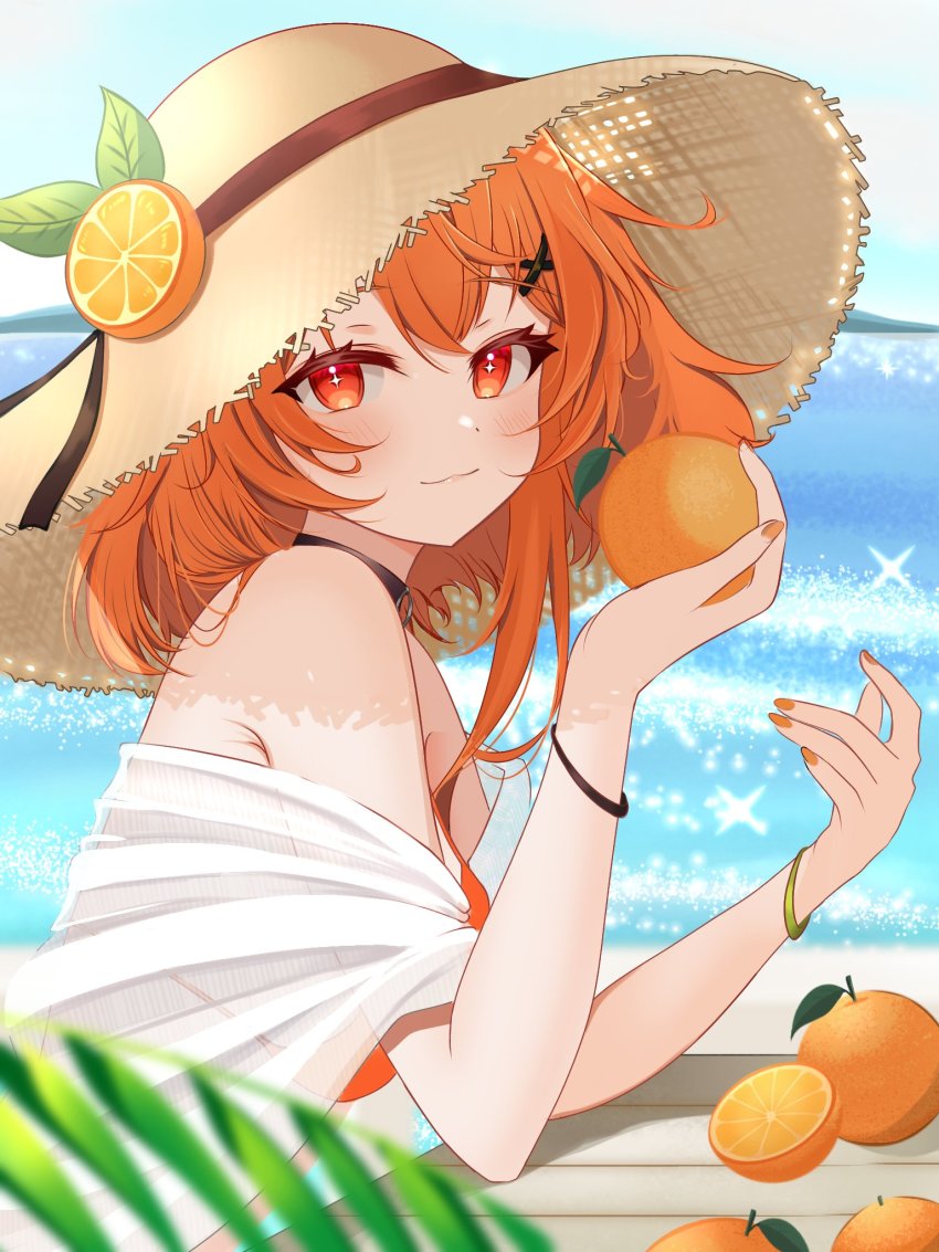 1girl, bracelet, choker, closed_mouth, food, fruit, hair_ornament, hairclip, hat, highres, indie_virtual_youtuber, jewelry, kaheru_(vtuber), looking_at_viewer, mark_bm28, medium_hair, nail_polish, orange_(fruit), orange_eyes, orange_hair, orange_nails, smile, solo, straw_hat, upper_body, virtual_youtuber