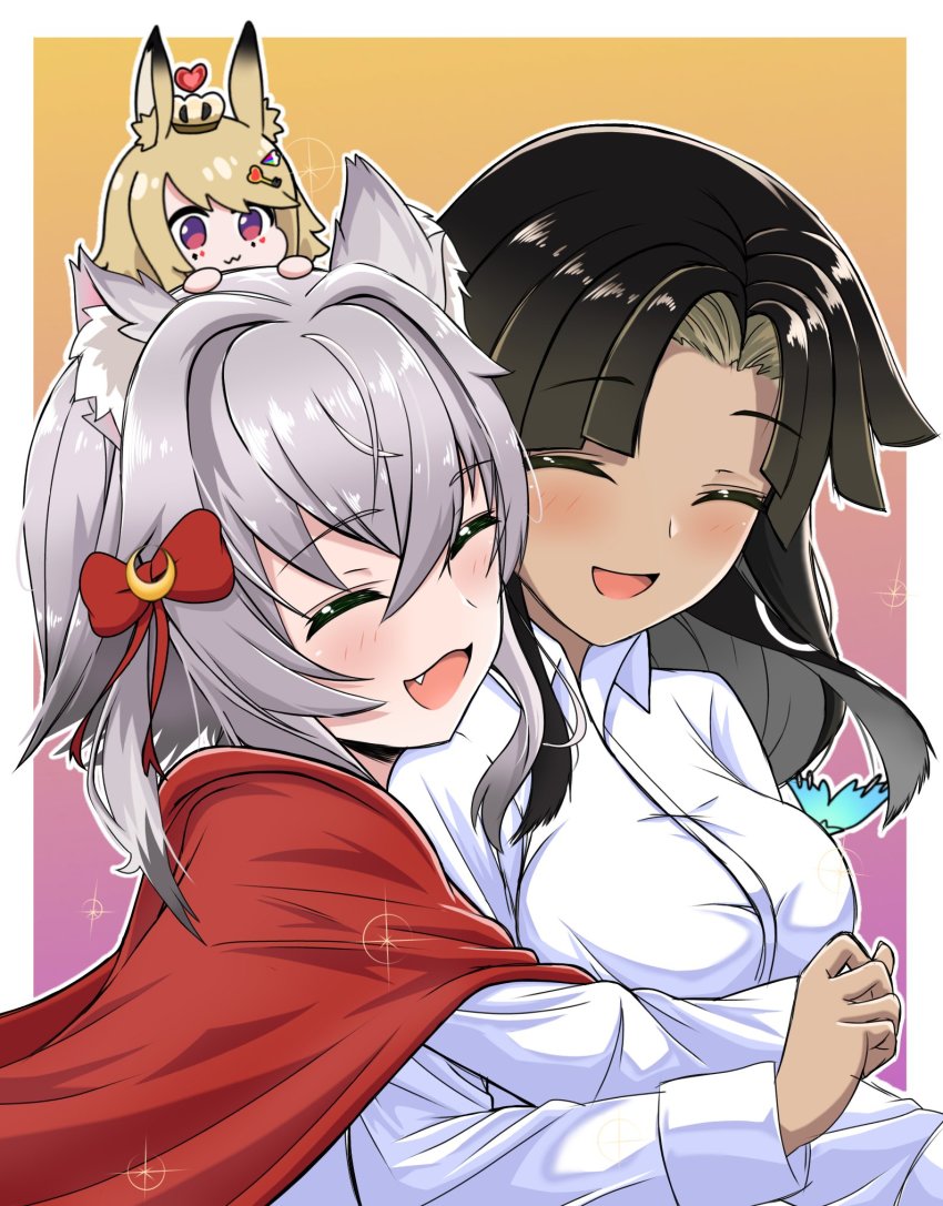 3girls, animal_ears, anon_non, black_hair, blonde_hair, brown_hair, casual, chibi, chibi_on_head, dark_skin, closed_eyes, fang, gradient_hair, grey_hair, hair_ribbon, highres, hug, hug_from_behind, kamizuki_naki, key_hair_ornament, multicolored_hair, multiple_girls, nagare_sara, notched_ear, on_head, party_popper_hair_ornament, playing_card_theme, prism_project, rabbit_ears, ribbon, the_k_art, virtual_youtuber, wolf_ears, wolf_girl