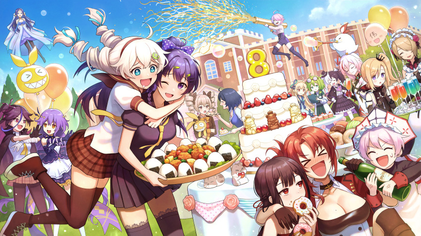 >_<, 6+girls, :d, absurdres, ahoge, alcohol, anniversary, balloon