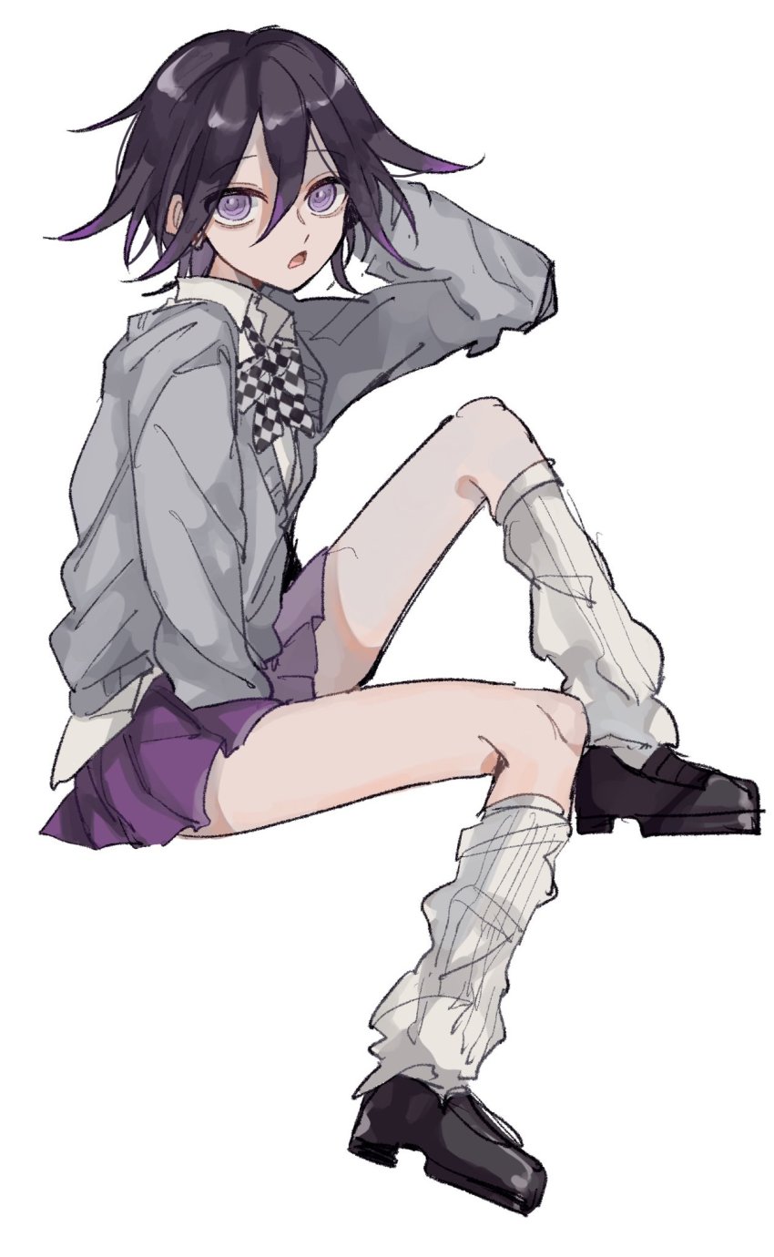 1boy, black_hair, crossdressing, crossdressing_(mtf), danganronpa_(series), danganronpa_v3:_killing_harmony, flipped_hair, hair_between_eyes, highres, long_sleeves, male_focus, oma_kokichi, open_mouth, purple_eyes, purple_hair, short_hair, simple_background, skirt, solo, trap, white_background, yuma_(yumachansan)