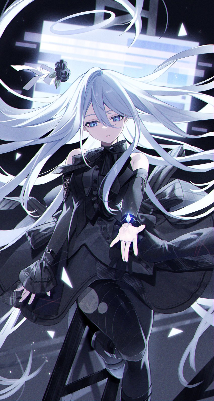 1girl, absurdres, bare_shoulders, black_dress, black_flower, black_rose, blue_eyes, blue_hair