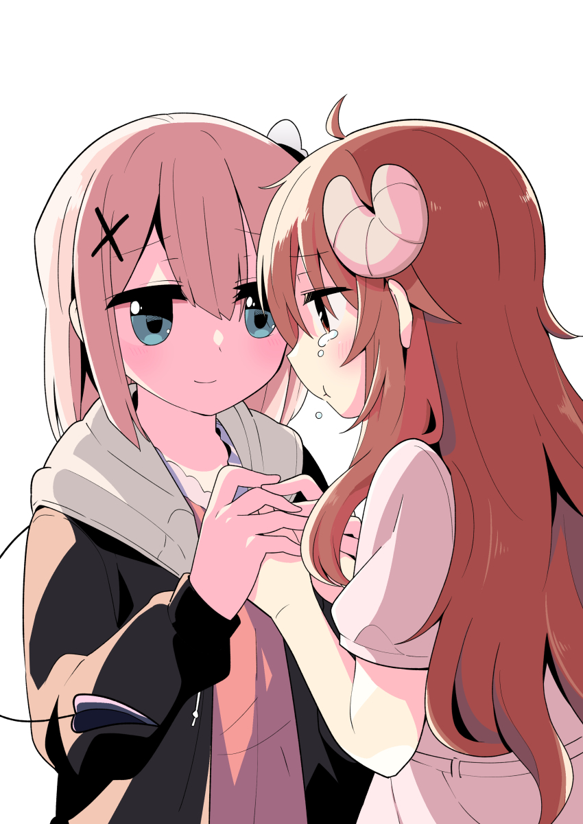 2girls, absurdres, ahoge, blush, brown_eyes, brown_hair, chiyoda_momo, curled_horns