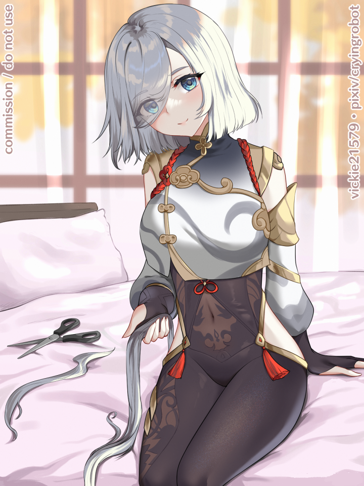 1girl, alternate_hair_length, alternate_hairstyle, black_bodysuit, black_gloves, blue_eyes, bodysuit, breasts