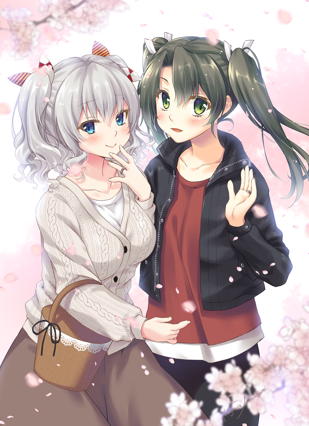 2girls, alt_text, alternate_costume, bag, black_jacket, blouse, blue_eyes, blurry