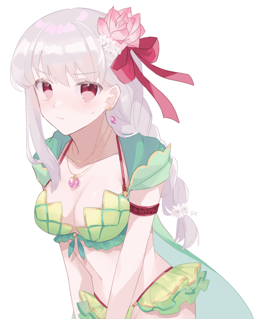 1girl, armlet, bare_shoulders, bikini, blush, bracelet, braid, braided_ponytail