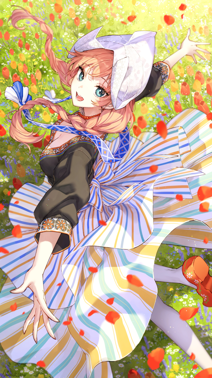 1girl, :d, black_shirt, blouse, blue_eyes, braid, breasts, brown_hair