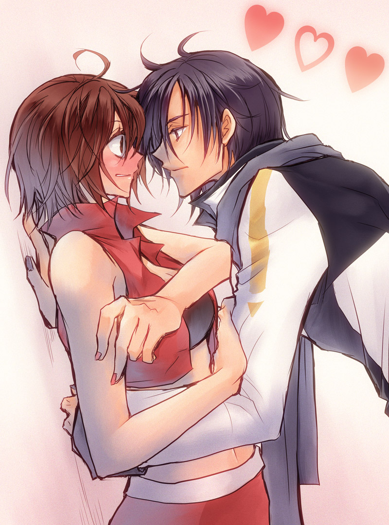 bad_id, bad_pixiv_id, blue_eyes, blue_hair, blush, brown_eyes, brown_hair, couple, heart, kaito_(vocaloid), meiko_(vocaloid), norihe, scarf, short_hair, skirt, vocaloid