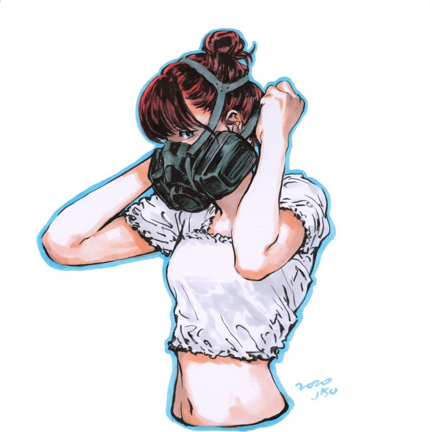 1girl, blouse, commentary, cropped_torso, dated, gas_mask, hair_bun, hands_up