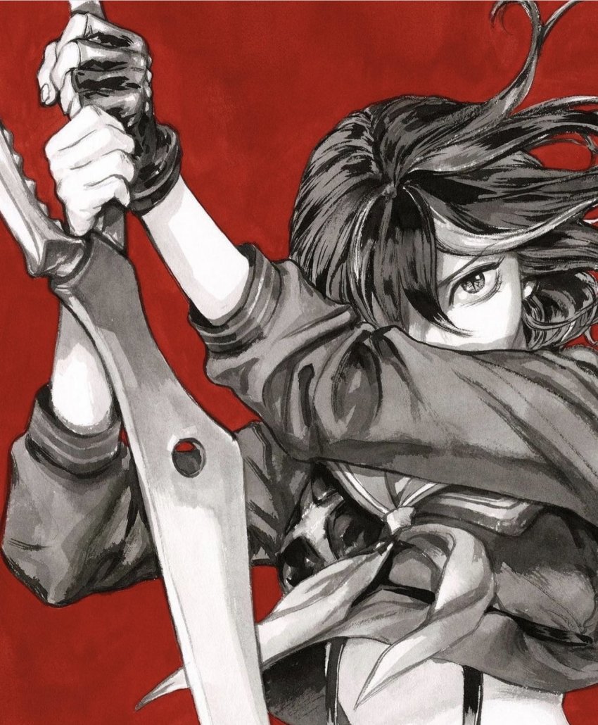 1girl, commentary, covered_mouth, cropped_shirt, english_commentary, fingerless_gloves, floating_hair, gloves, greyscale_with_colored_background, hair_over_one_eye, highres, holding, holding_sword, holding_weapon, kill_la_kill, long_sleeves, looking_at_viewer, matoi_ryuuko, medium_hair, midriff, miss_jisu, multicolored_hair, multiple_monochrome, neckerchief, red_background, sailor_collar, school_uniform, scissor_blade_(kill_la_kill), second-party_source, senketsu, serafuku, simple_background, single_glove, solo, streaked_hair, suspenders, sword, traditional_media, upper_body, weapon