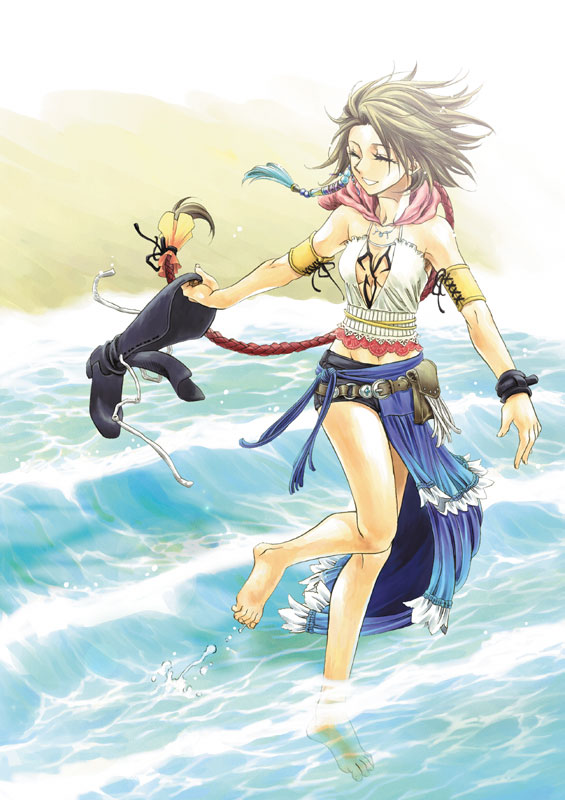 00s, 1girl, barefoot, beach, black_footwear, black_shorts, boots, bracelet, brown_hair, closed_eyes, day, feet, female_focus, final_fantasy, final_fantasy_x, final_fantasy_x-2, hair_ornament, holding, holding_boots, holding_footwear, holding_shoes, holding_unworn_clothes, jewelry, kimagureneko, knee_boots, lace-up_boots, long_hair, midriff, necklace, outdoors, shoes, shorts, smile, solo, unworn_boots, unworn_shoes, very_long_hair, wading, water, yuna, yuna_(ff10)