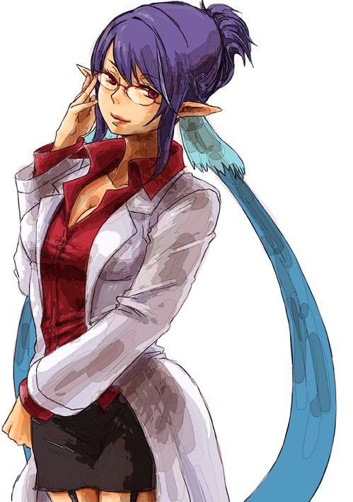 00s, 1girl, bespectacled, blue_hair, female_focus, garter_straps, glasses, go_(uzo-muzo), judith_(school_nurse)_(tales), judith_(tales), lab_coat, lips, miniskirt, namco, official_alternate_costume, pencil_skirt, pointy_ears, red_eyes, simple_background, skirt, solo, tales_of_(series), tales_of_vesperia, white_background