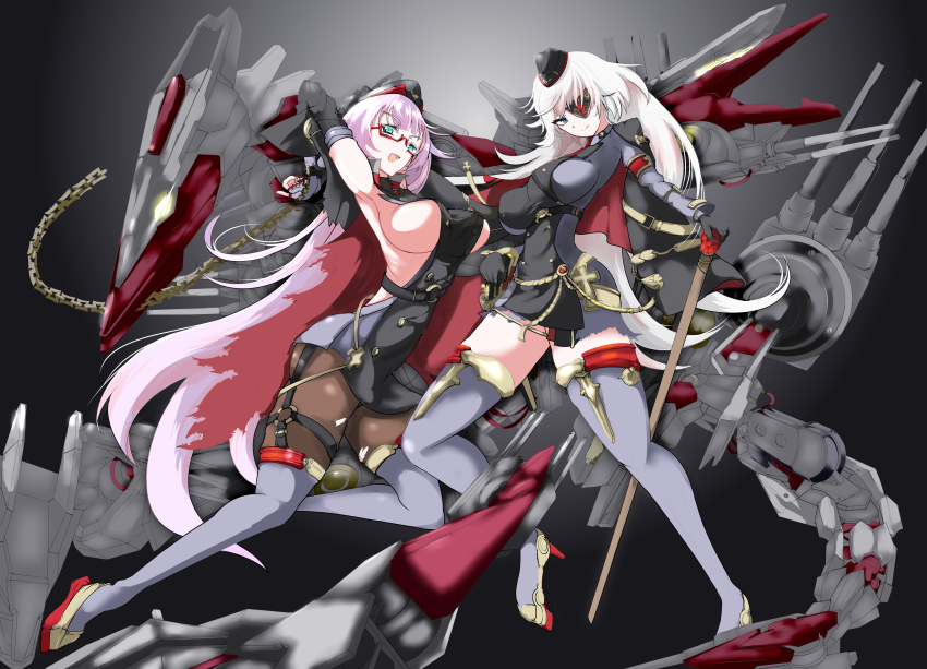 2girls, absurdres, armpits, artillery, azur_lane, black_background, black_gloves, black_headwear, blue_eyes, boots, breasts, brown_legwear, buttons, clothing_cutout, double-breasted, dress, elbow_gloves, eyepatch, fingerless_gloves, fingernails, full_body, gloves, gneisenau_(azur_lane), gneisenau_(meta)_(azur_lane), gradient_background, grey_background, hat, high_heels, highres, large_breasts, long_hair, looking_at_viewer, medium_breasts, microdress, multiple_girls, nail_polish, non-humanoid_robot, one_eye_covered, pantyhose, presenting_armpit, purple_footwear, red_nails, rigging, robot, robot_animal, sansei, scharnhorst_(azur_lane), scharnhorst_(meta)_(azur_lane), sharp_fingernails, ship_turret, side_cutout, sideboob, simple_background, standing, thigh_boots, thighhighs, thighs, very_long_hair, weapon, white_hair